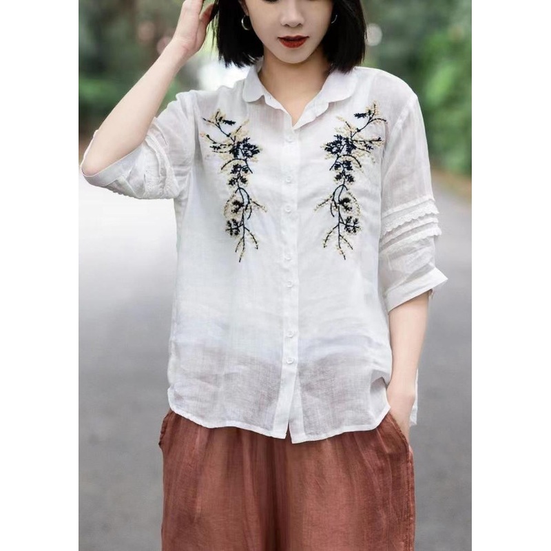 Simple White Embroideried Patchwork Lace Linen Blouse Tops Short Sleeve