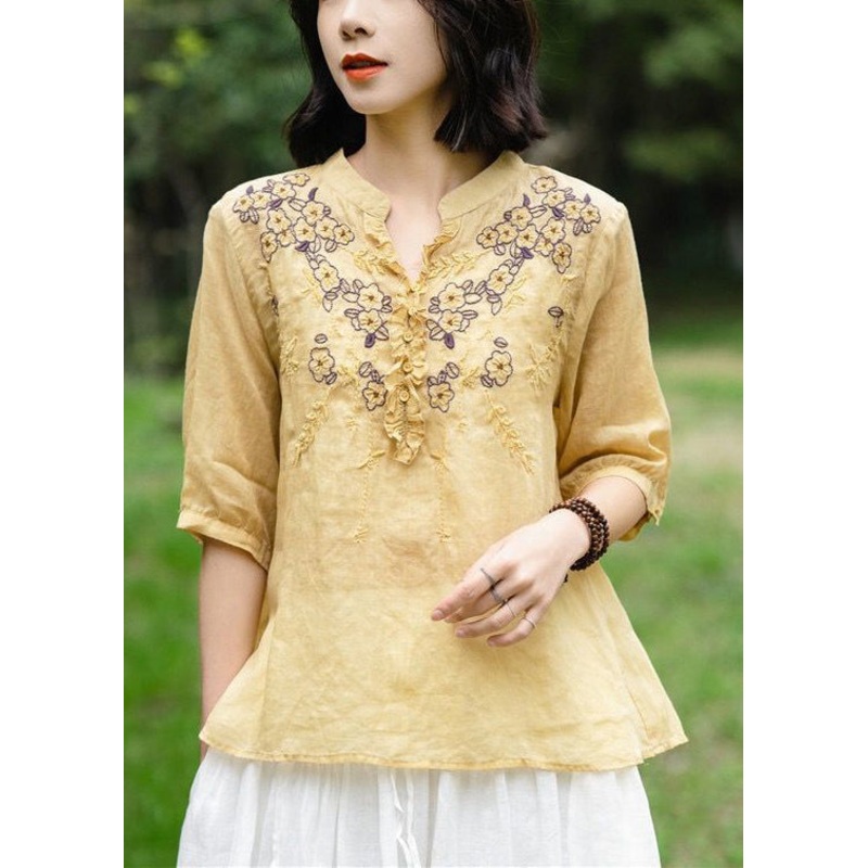 Simple Yellow  Embroidered Ruffled Linen Shirt Top Summer