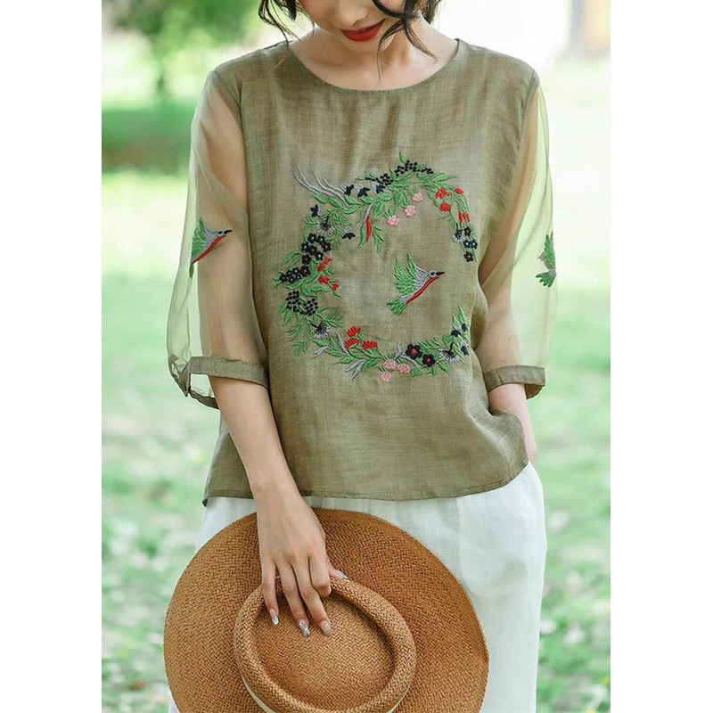 Style Green Embroideried Patchwork Hollow Out Linen Shirt Summer