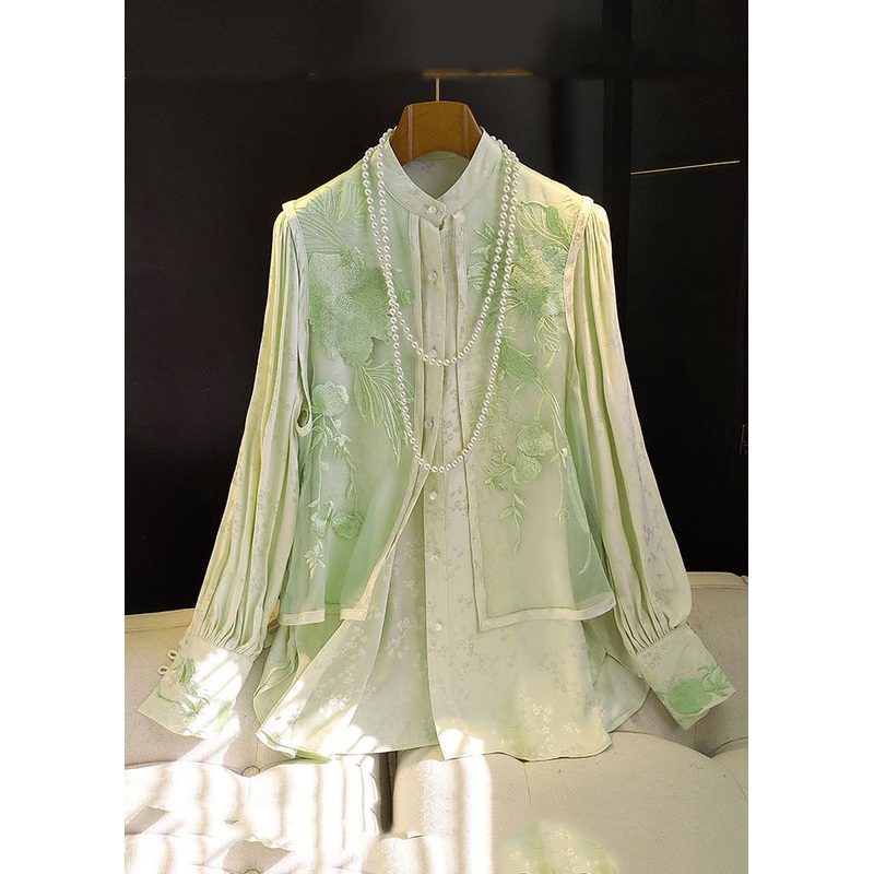 Style Light Green Embroideried Patchwork False Two Pieces Silk Cotton Shirts Fall