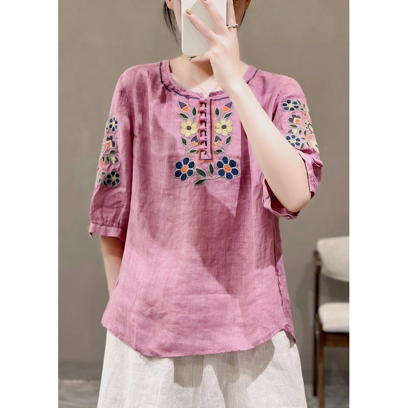 Style Rose O-Neck Embroideried Linen Shirt Tops Summer