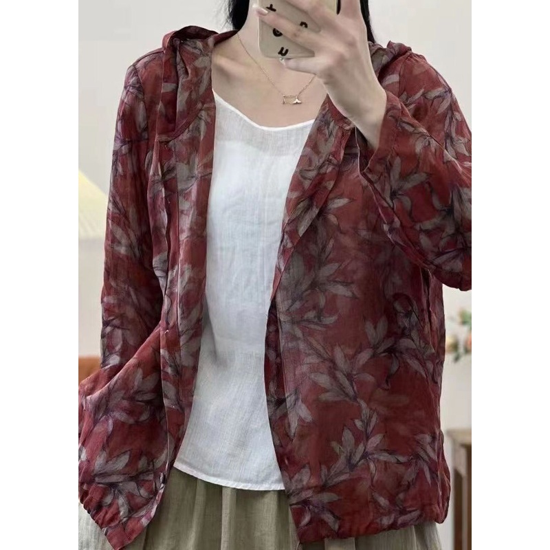 Style Wine Red Hooded Print Lace Up Linen Coats Fall