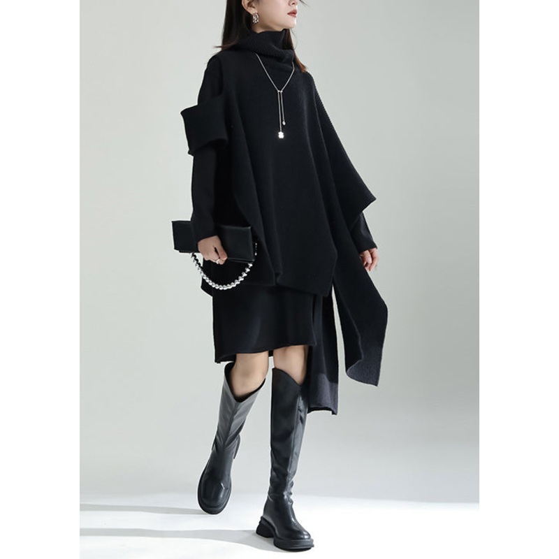 Stylish Black Asymmetrical Patchwork Knit Two Pieces Set Winter
