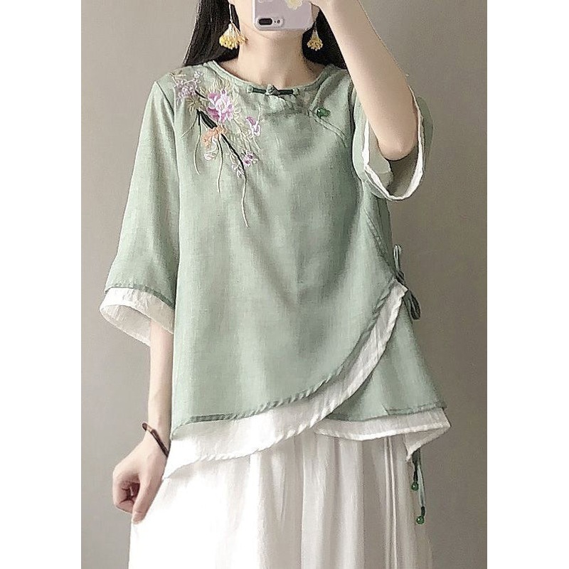 Stylish Green Embroideried Asymmetrical Linen Blouse Top Summer