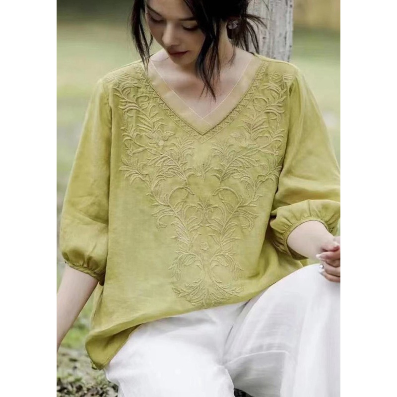 Stylish Yellow V Neck Embroideried Linen Top Half Sleeve