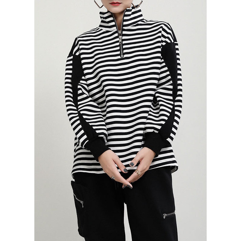 Unique Black White Striped Loose zippered Patchwork Fall Long Sleeve Top