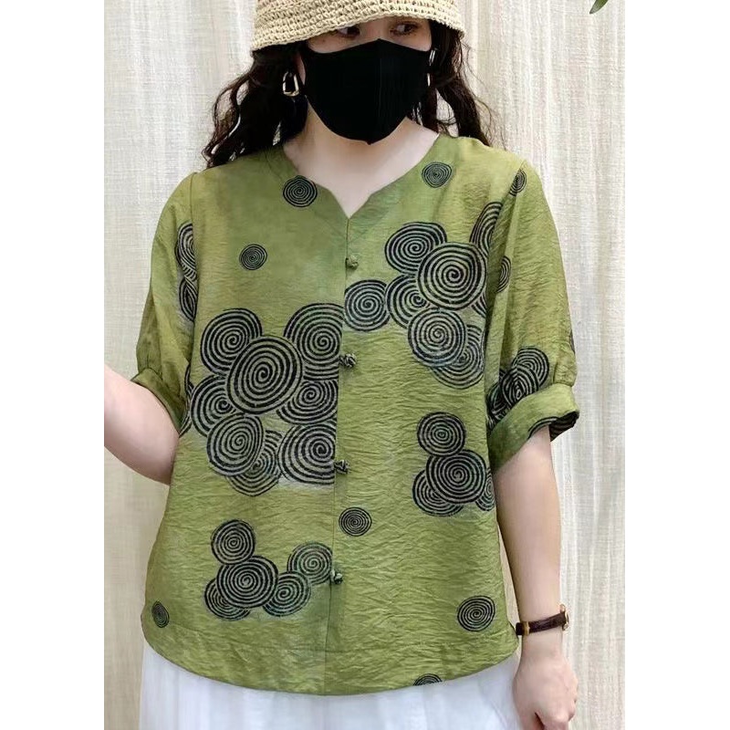 Unique Green V Neck Print Patchwork Linen T Shirts Summer