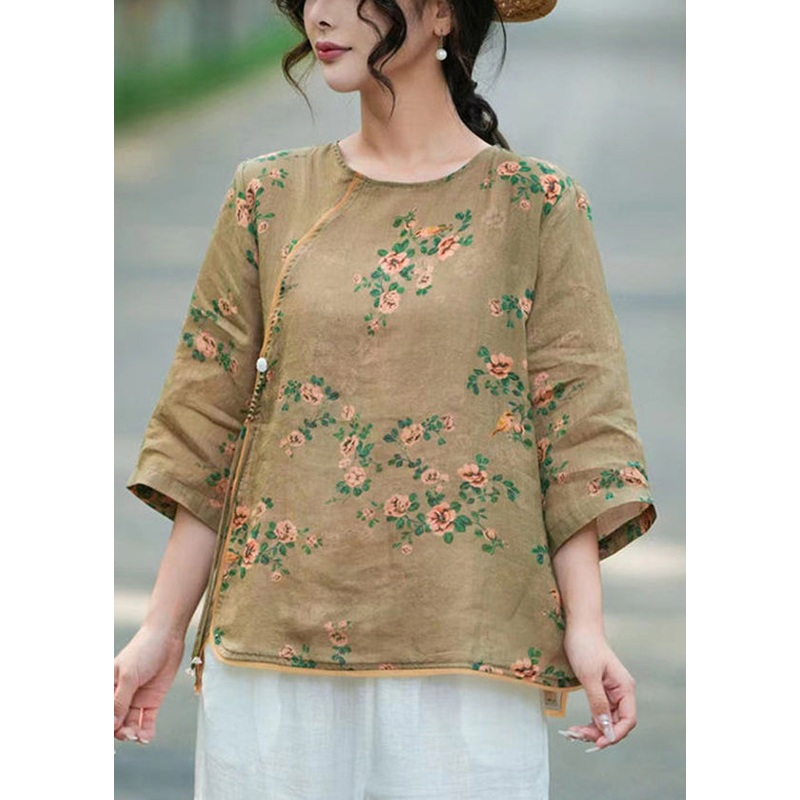 Unique Khaki Tasseled Print Linen Blouse Top Bracelet Sleeve
