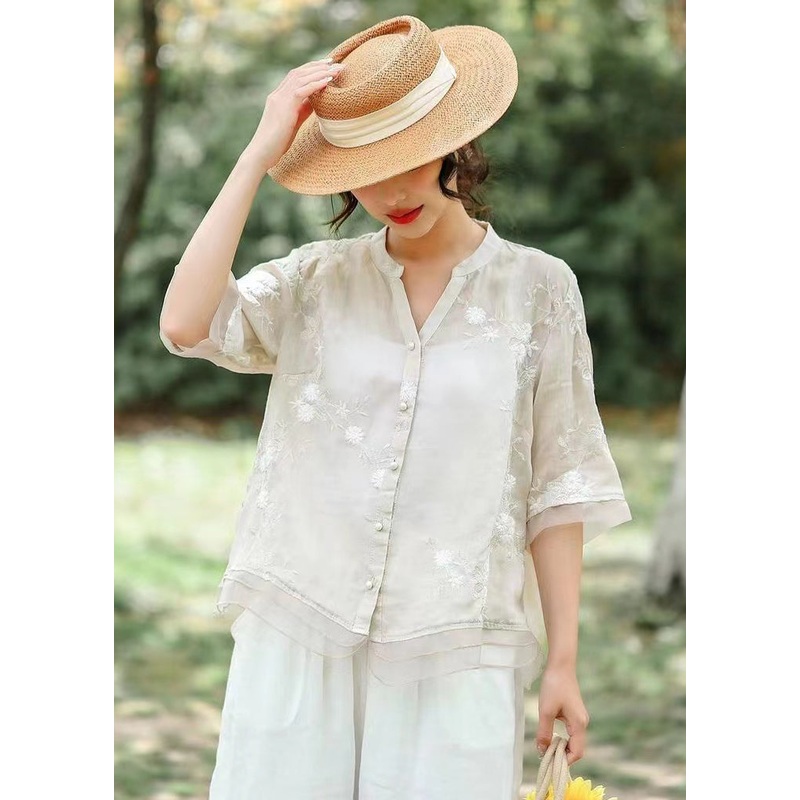 Unique White Embroideried Patchwork Linen Blouse Top Summer