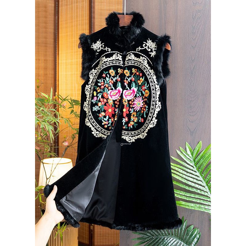 Vintage Black Fur Collar Embroidered Patchwork Silk Velour Waistcoat Sleeveless