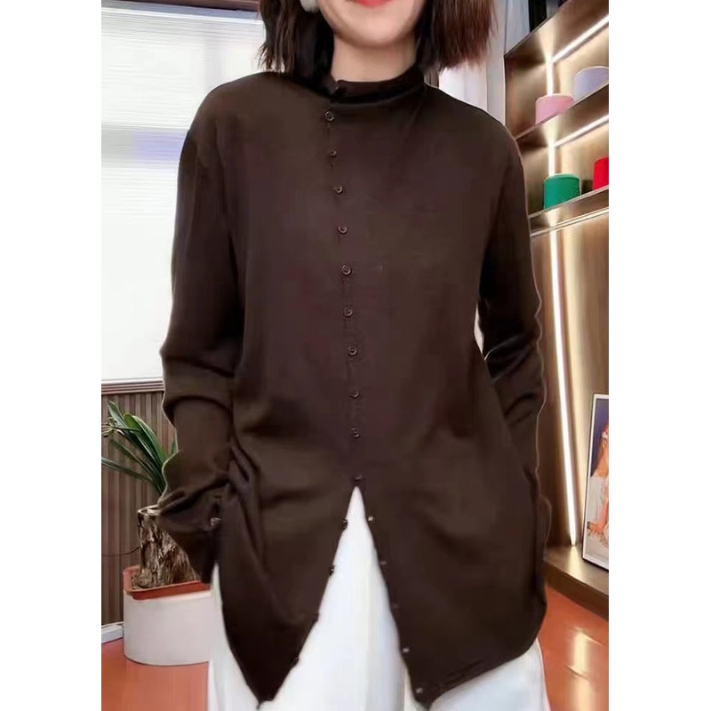 Vintage Coffee Stand Collar Button Patchwork Knit Sweaters Fall