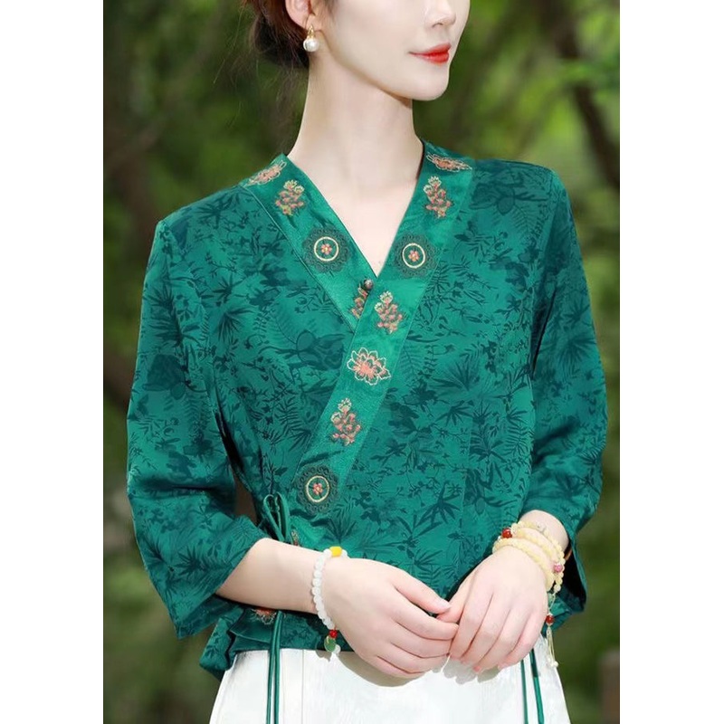 Vintage Green Embroideried Lace Up Patchwork Silk Top Summer