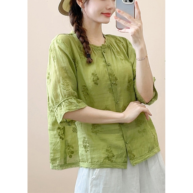 Vintage Green Embroideried Patchwork Linen Shirt Summer