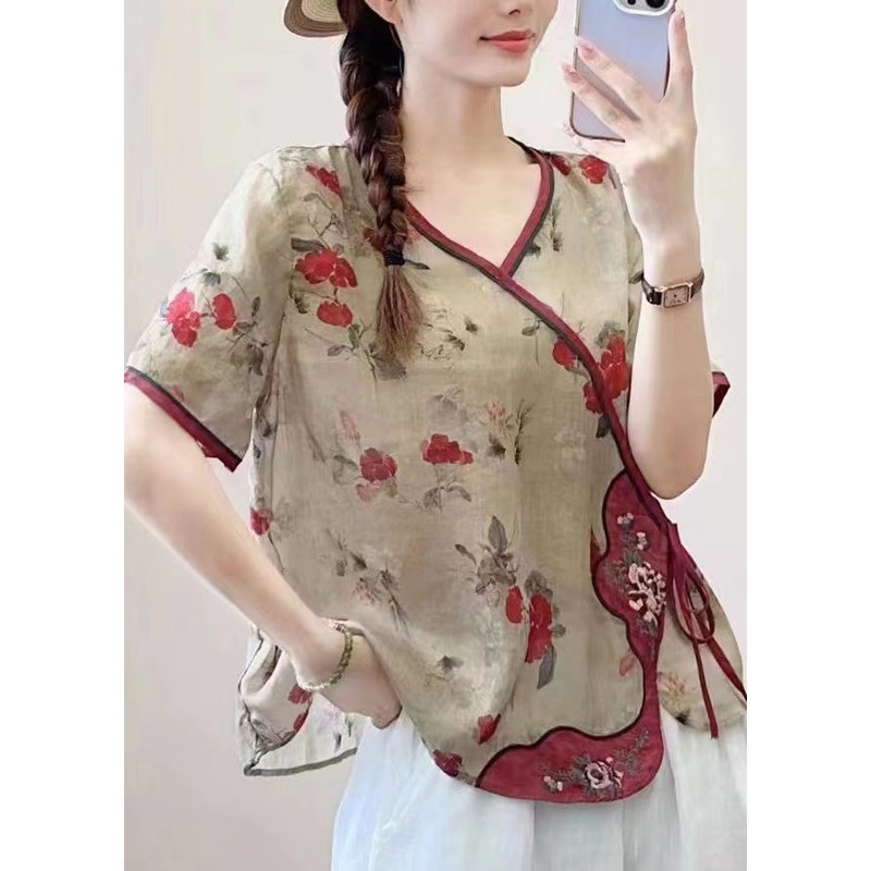 Vintage Khaki V Neck Print Lace Up Patchwork Linen Top Summer