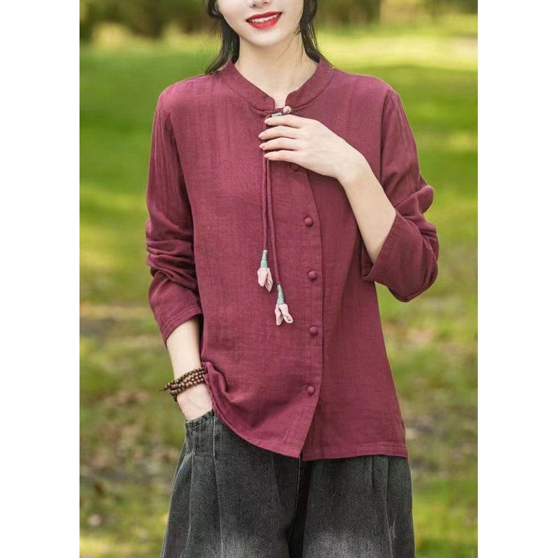 Vintage Mulberry Stand Collar Tasseled Patchwork Cotton Shirts Fall