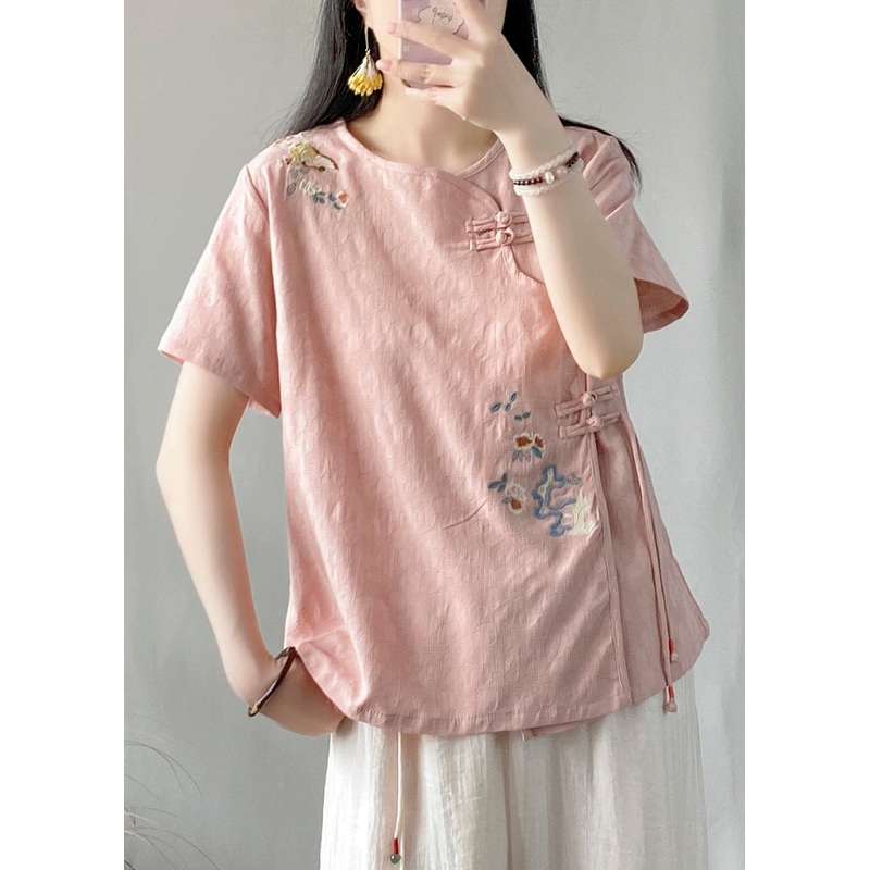 Vintage Pink Embroideried Chinese Button Patchwork Linen Top Summer