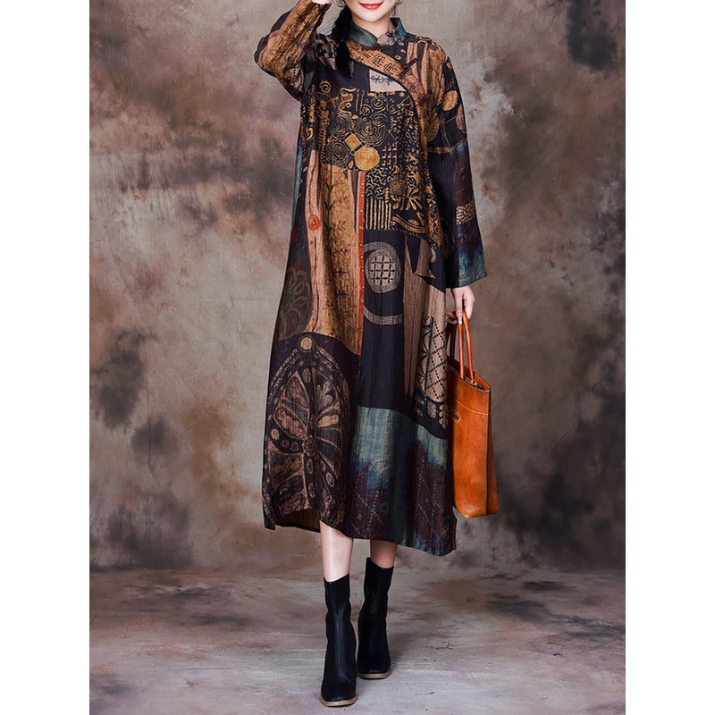 Vintage Print Spliced Fall Robe Dress Long Sleeve