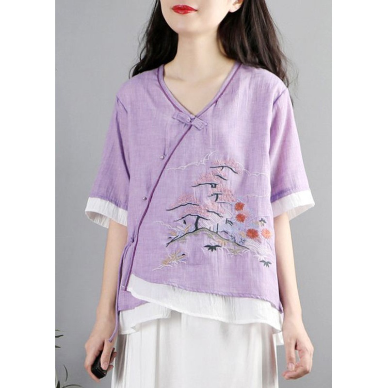 Vintage Purple Embroideried Patchwork Cotton Blouses Summer
