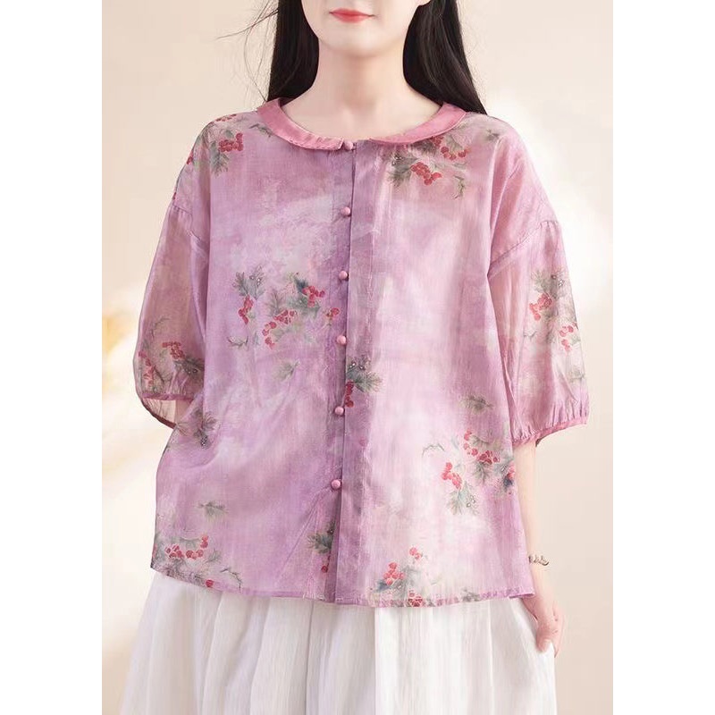 Vintage Purple Peter Pan Collar Print Patchwork Linen Shirt Tops Summer