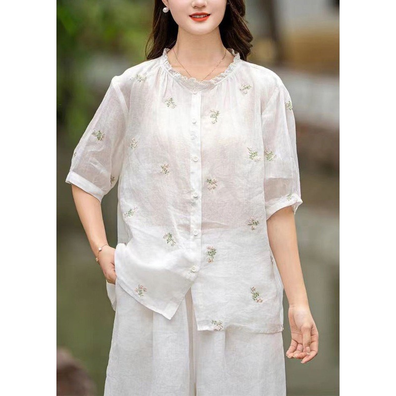 White Patchwork Linen Blouses Embroidered Button Summer