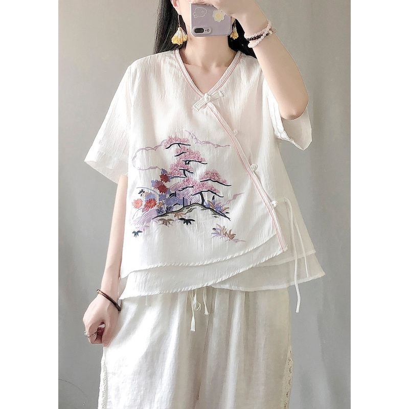 White Patchwork Linen Blouses Embroideried Chinese Button Summer