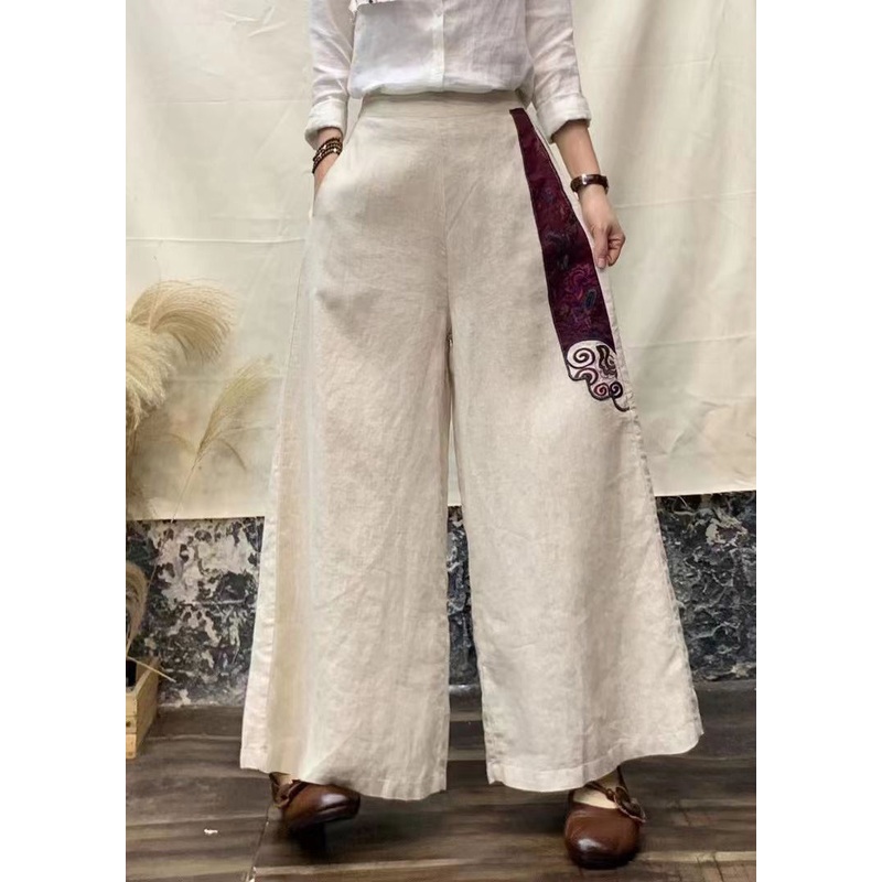 Women Beige Embroideried Pockets Patchwork Linen Pants Fall