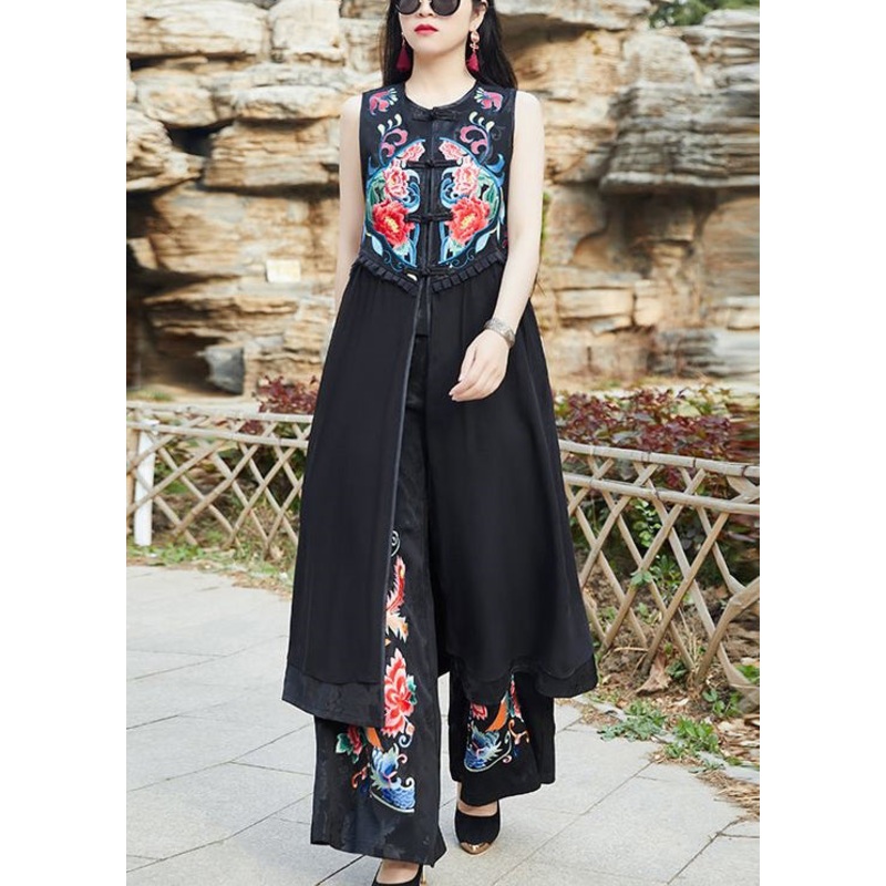 Women Black Embroideried Chinese Button Patchwork Silk Long Waistcoat Sleeveless