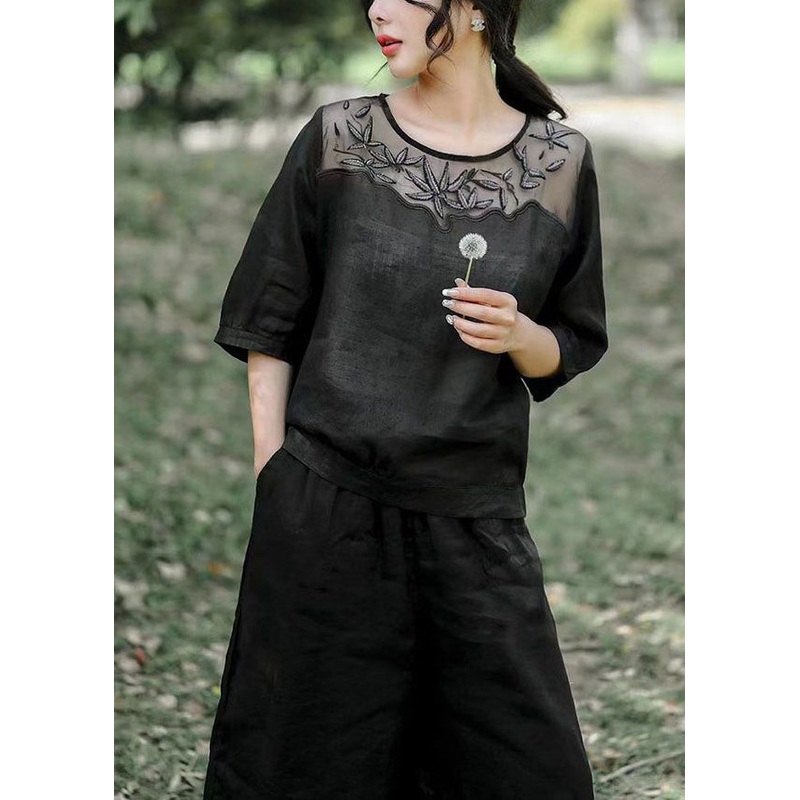 Women Black Embroideried Patchwork Linen 2 Piece Outfit Summer