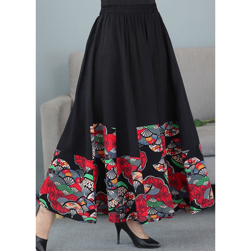 Women Black Print Elastic Waist Patchwork Cotton Skirts Fall