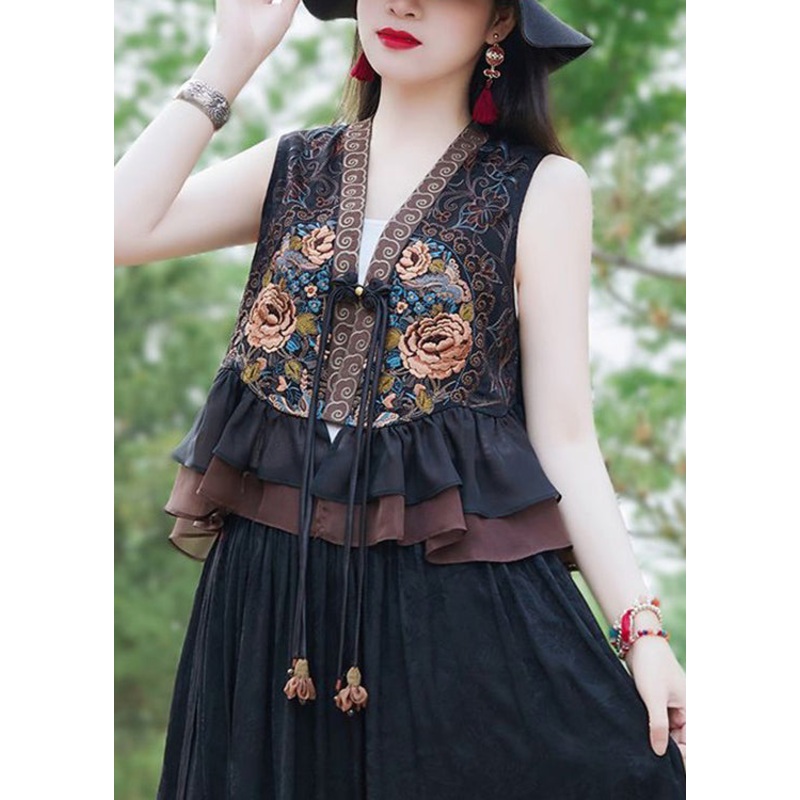 Women Black Ruffled Tasseled Patchwork Silk Waistcoat Sleeveless