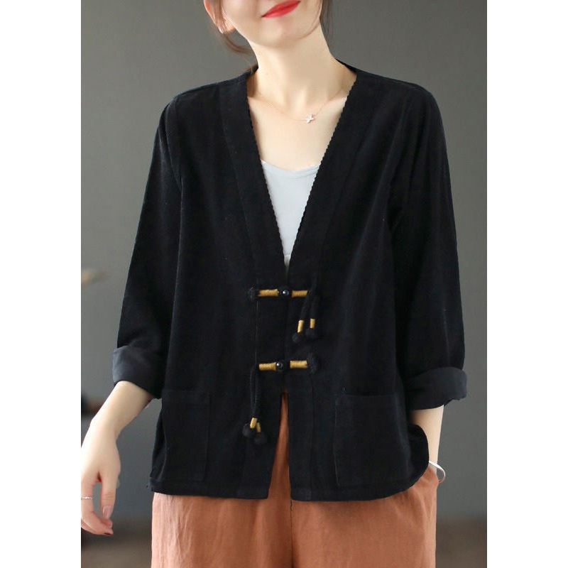 Women Black V Neck Tasseled Button Patchwork Corduroy Coat Fall