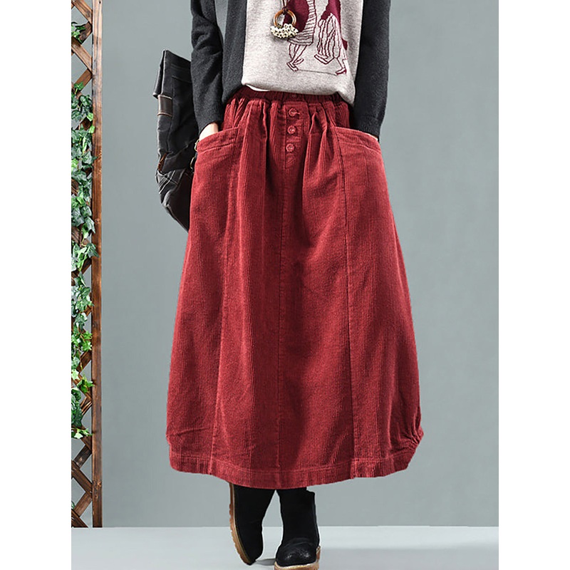 Women Casual Elastic Waist Calf Length Fall Corduroy Skirt