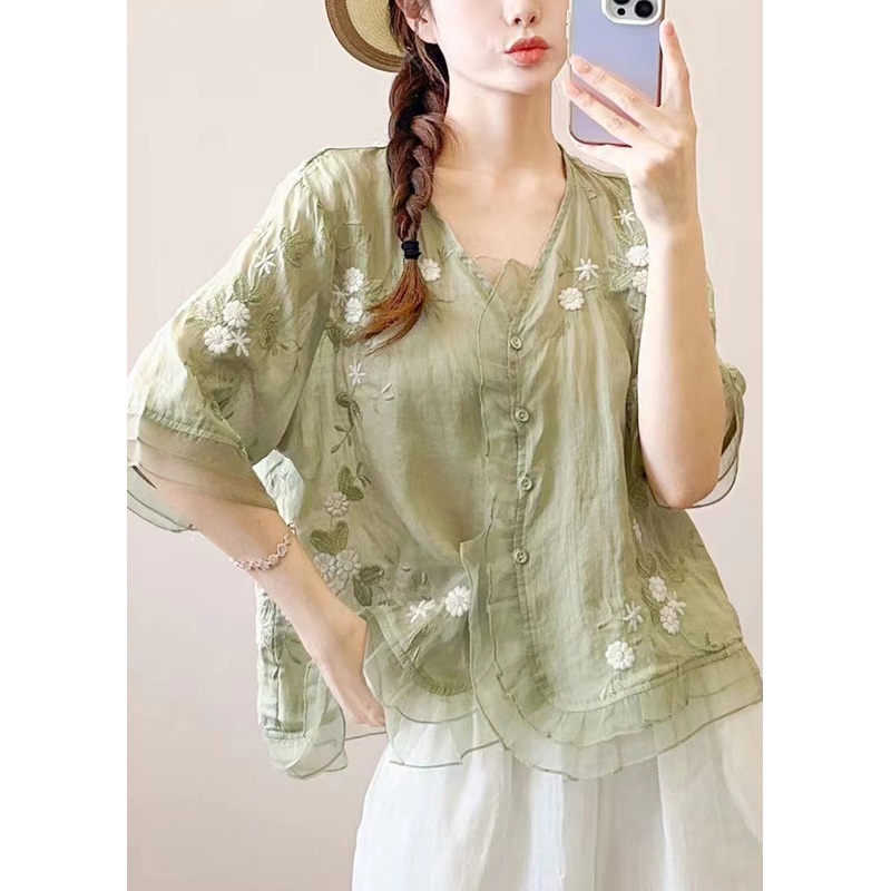 Women Green Ruffled Embroideried Patchwork Linen Blouse Top Summer