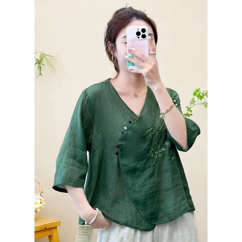 Women Green V Neck Embroideried Patchwork Linen Tops Summer