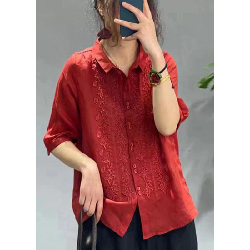 Women Mulberry Embroideried Slim Fit Linen Shirt Tops Half Sleeve