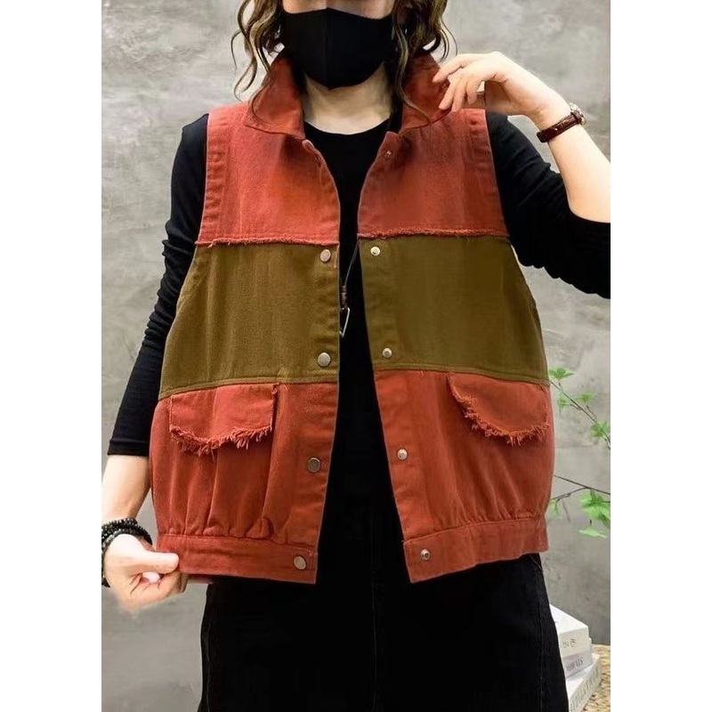 Women Orange Peter Pan Collar Button Patchwork Cotton Waistcoat Sleeveless