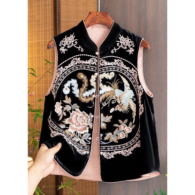 Women Pink Embroideried Button Patchwork Silk Waistcoat Sleeveless