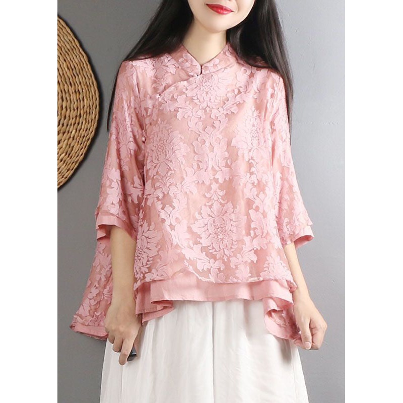 Women Pink Mandarin Collar Cotton Shirt Top Bracelet Sleeve