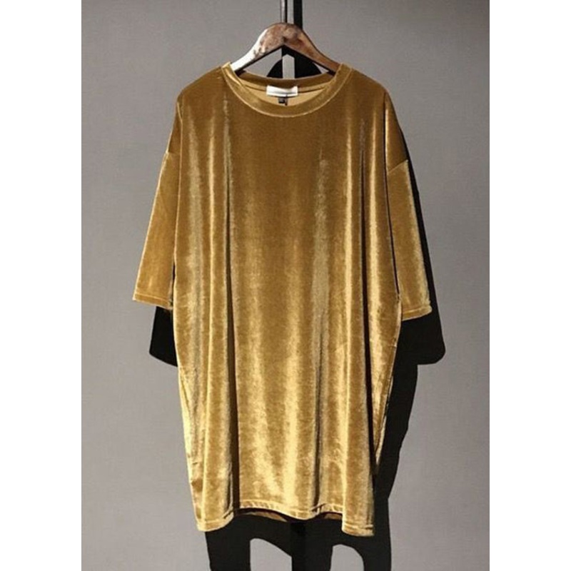 Women Yellow O Neck Patchwork Velour Mid Dress Half Sleeve