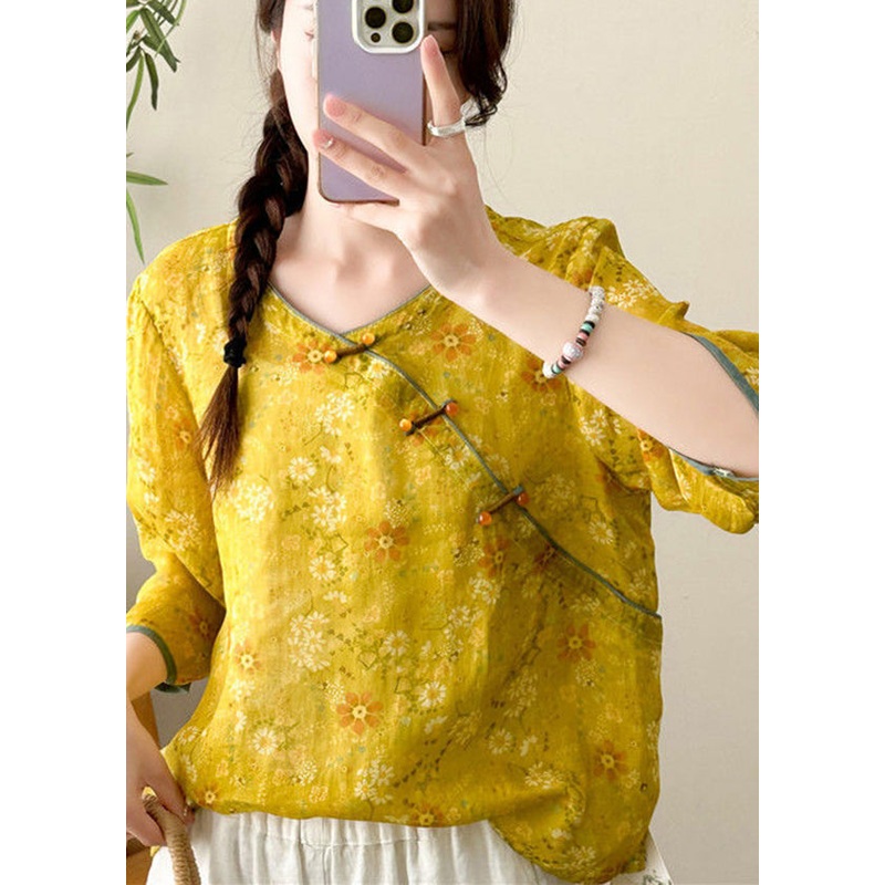 Women Yellow Print Chinese Button Linen Tops Fall