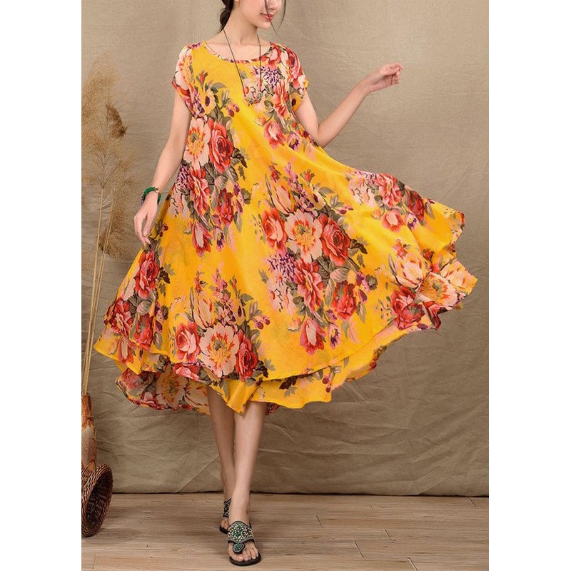 Yellow Patchwork Cotton Exra Large Hem Dresses O Neck Summer