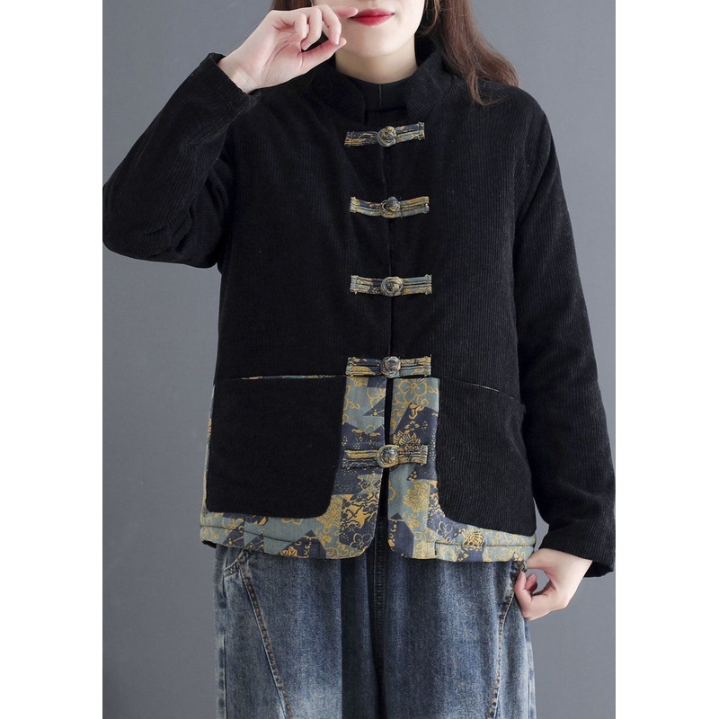 Art Black Chinese Button Patchwork Warm Fleece Coat Outwear Winter