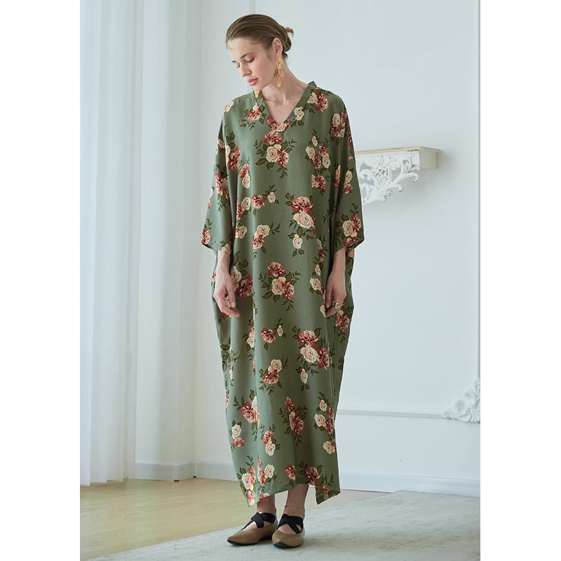 Art Green V Neck Print Pockets Chiffon Robe Dresses Summer