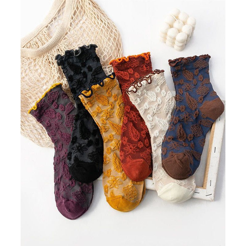 Art Jacquard Cute Ruffled Cotton Mid Calf Socks
