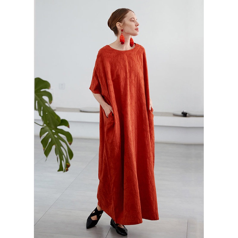 Art Orange O Neck Jacquard Pockets Cotton Robe Dress Summer