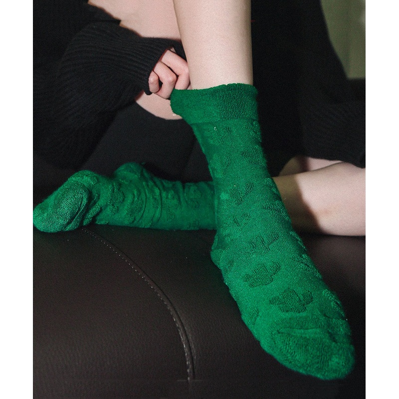 Autumn And Winter Green Cactus Jacquard Thick Warm Mid Calf Tidal Socks