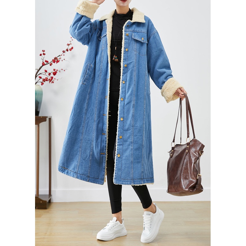 Bohemian Blue Oversized Thick Fleece Wool Lined Denim Trench Coats Winter