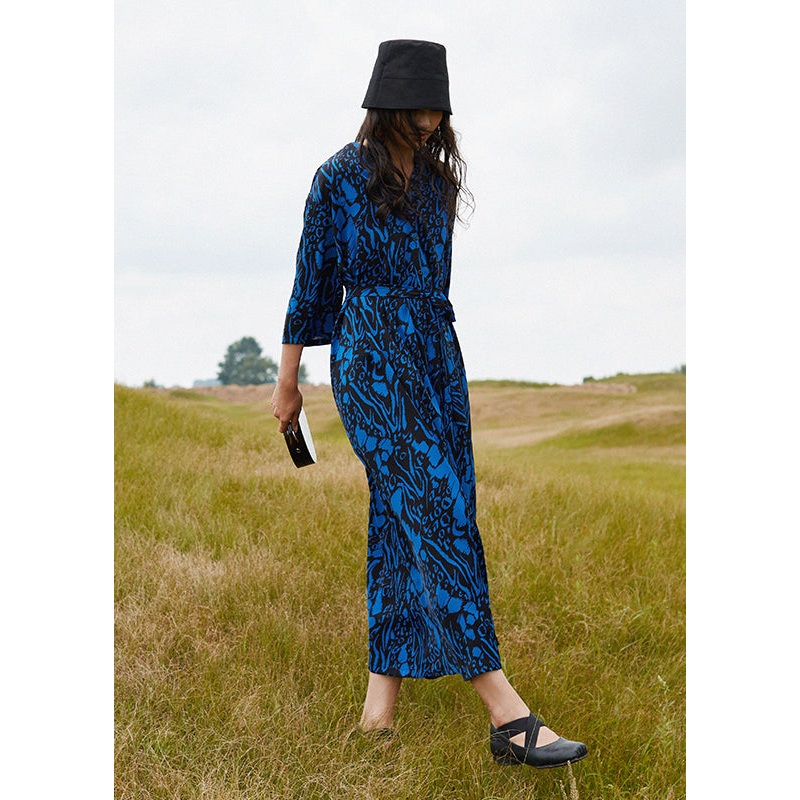 Bohemian Blue V Neck Print Cotton Robe Dresses Summer
