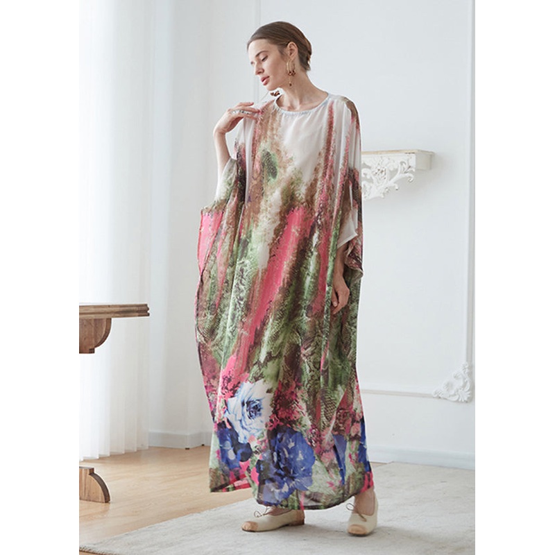 Bohemian O Neck Print Chiffon Vacation Long Dresses Batwing Sleeve