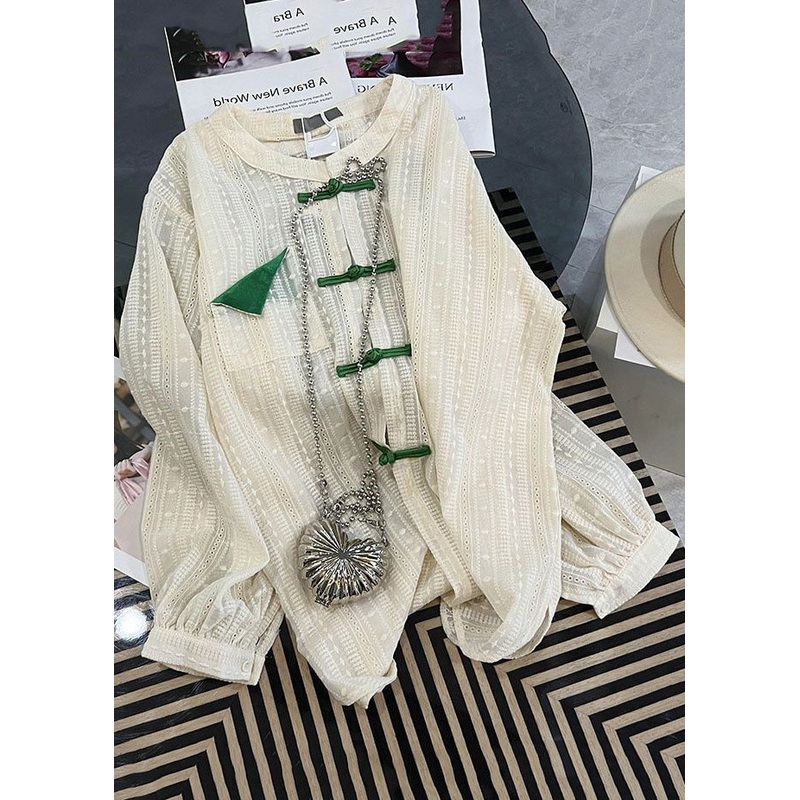 Bohemian White Hollow Out Chinese Button Cotton UPF 50+ Shirt Tops Fall